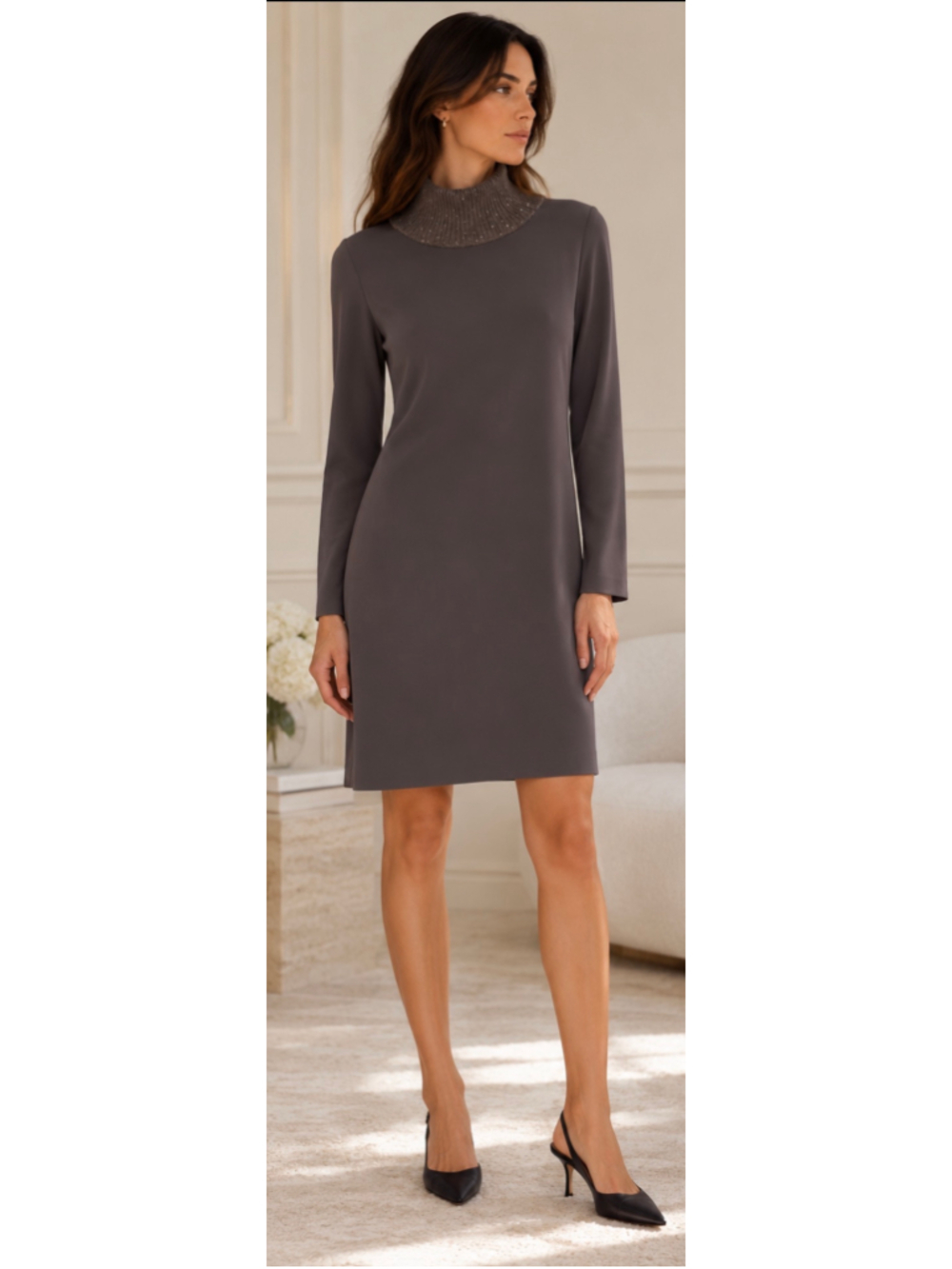 Fabiana Filippi Midi Dress Size 6 Grey/Taupe Embellished Sweater Neckline Italy